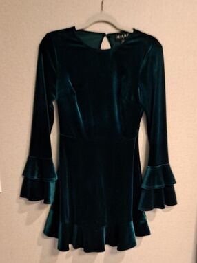 Next Up Dark Green Velvet Long Sleeve Ruffle-Hem Dress
